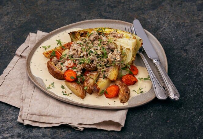 Nykål med kremet salsiccia og bakte grønnsaker