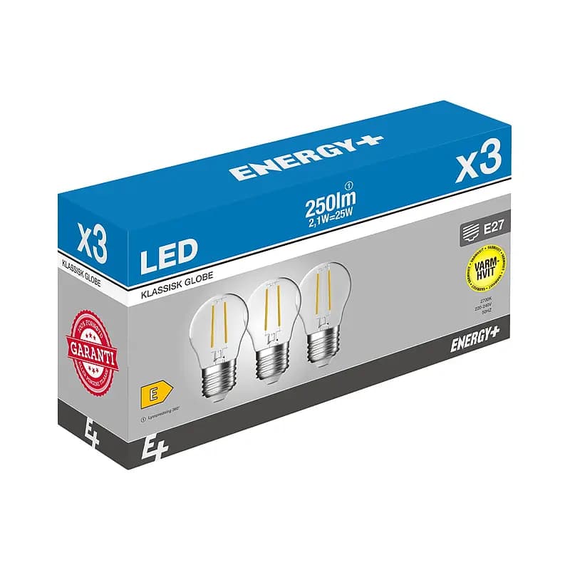 Lyspære LED 250 lm 3-pk globe klar E27 G45 E+