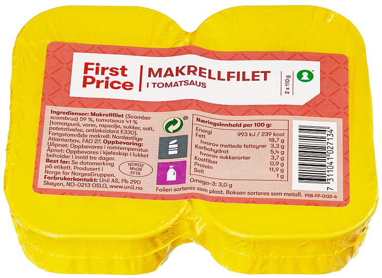 MAKRELLFILET I TOMAT 2x110 g First Price