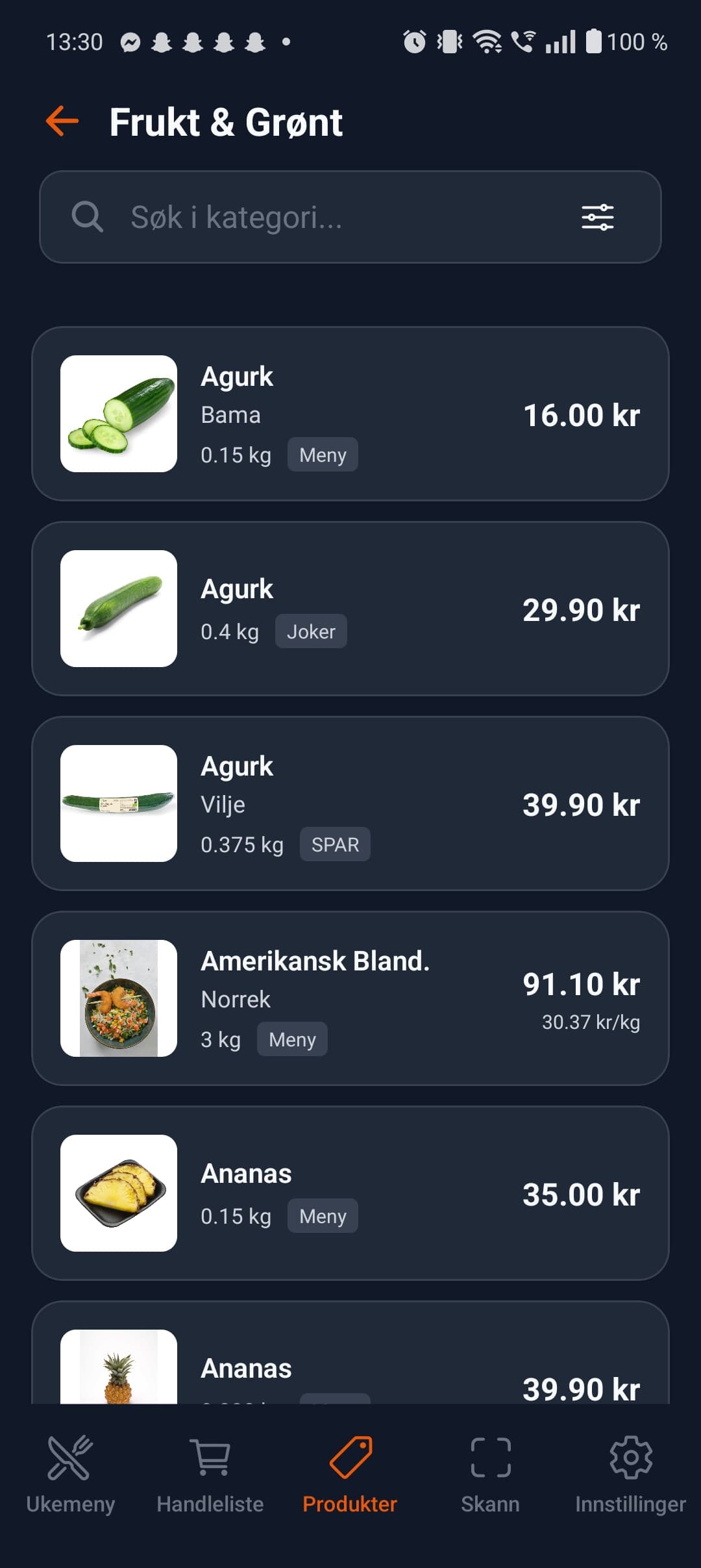Produktdatabase og matpriser i MatBuddy