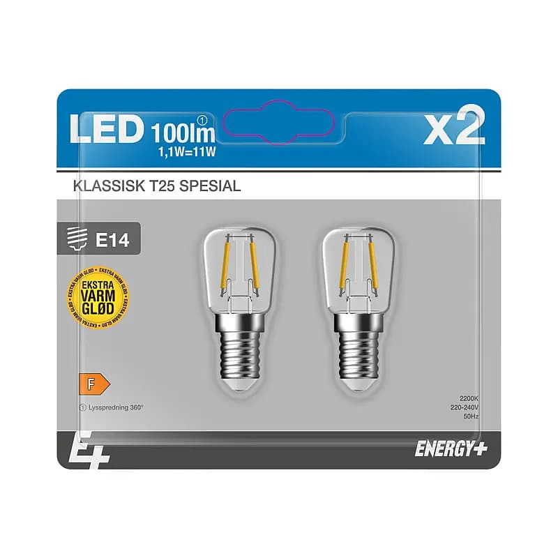Lyspære LED 100 lm 2-pk spesial klar E14 T25