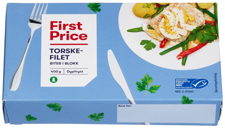 TORSKEFILET BLOKK U/SKINN OG BEN 400G FIRST PRICE